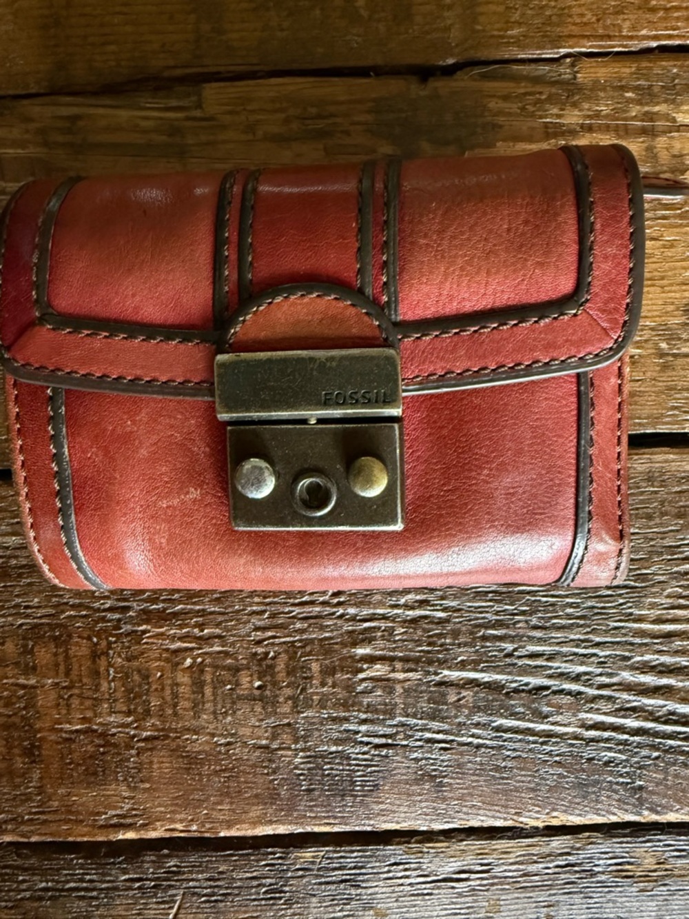 Fossil Red Leather Trifold Wallet with Brass Push-Lock